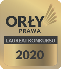 Logo konkursu Orły Prawa z dopiskiem "Laureat konkursu 2020"