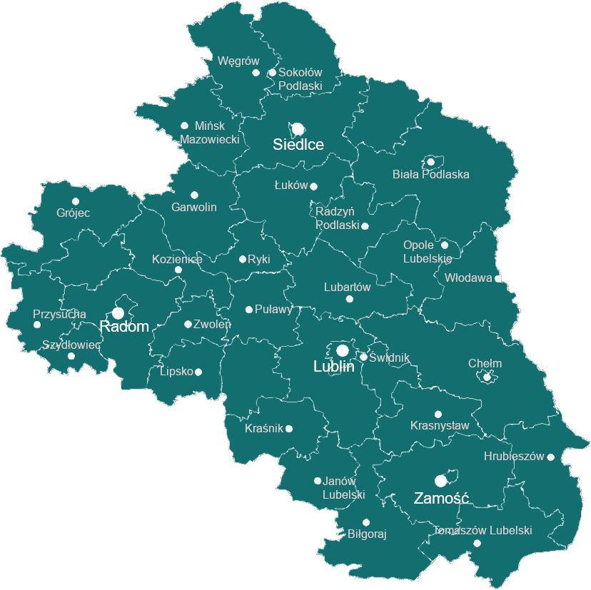 Mapa Obszaru działania zaznaczonymi miejscowościami włąściwymi dla poszczególnych sądów